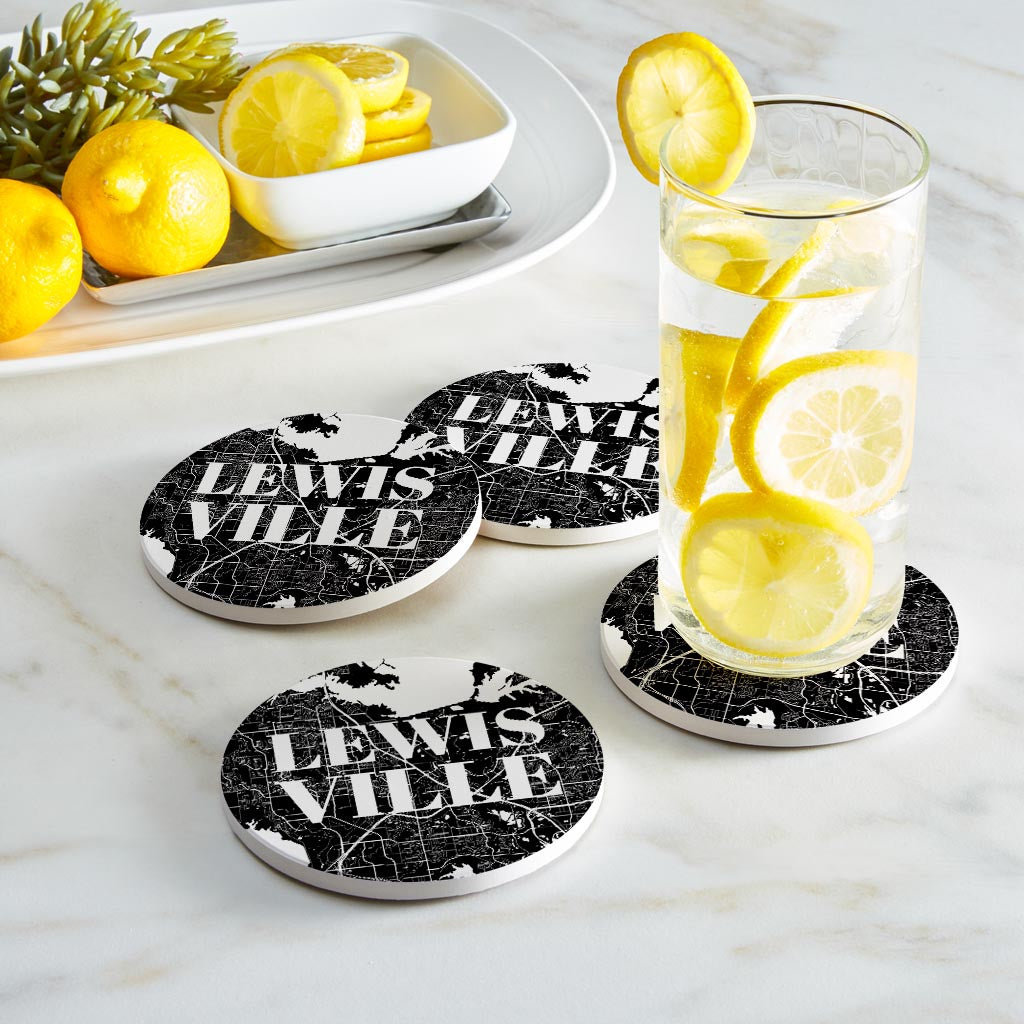 Minimalistic B&W Texas Lewisville Map | Absorbent Coasters | Set of 4 | Min 2