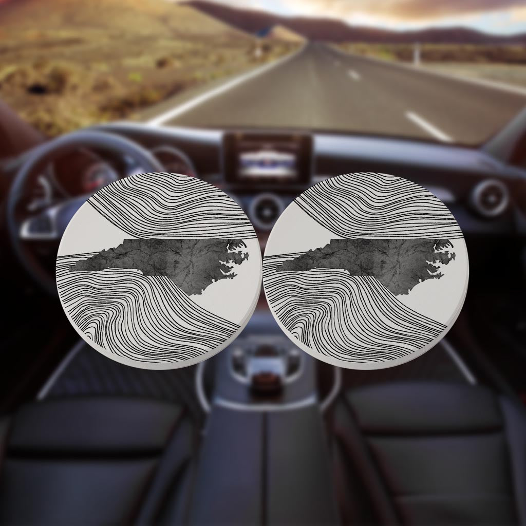 Minimalistic B&W North Carolina Fluid Lines| Absorbent Car Coasters | Set of 2 | Min 4