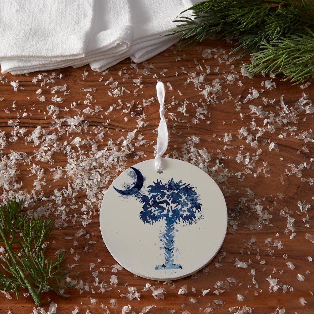 South Carolina Blue Water Color Palm Trees On White| Wood Ornament | Eaches | Min 6