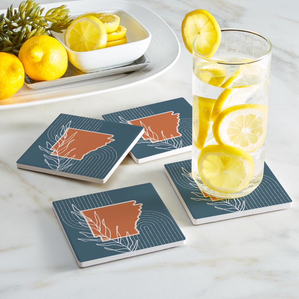 Modern Minimalist Arkansas State Shape With Leaf | Absorbent Coasters | Set of 4 | Min 2