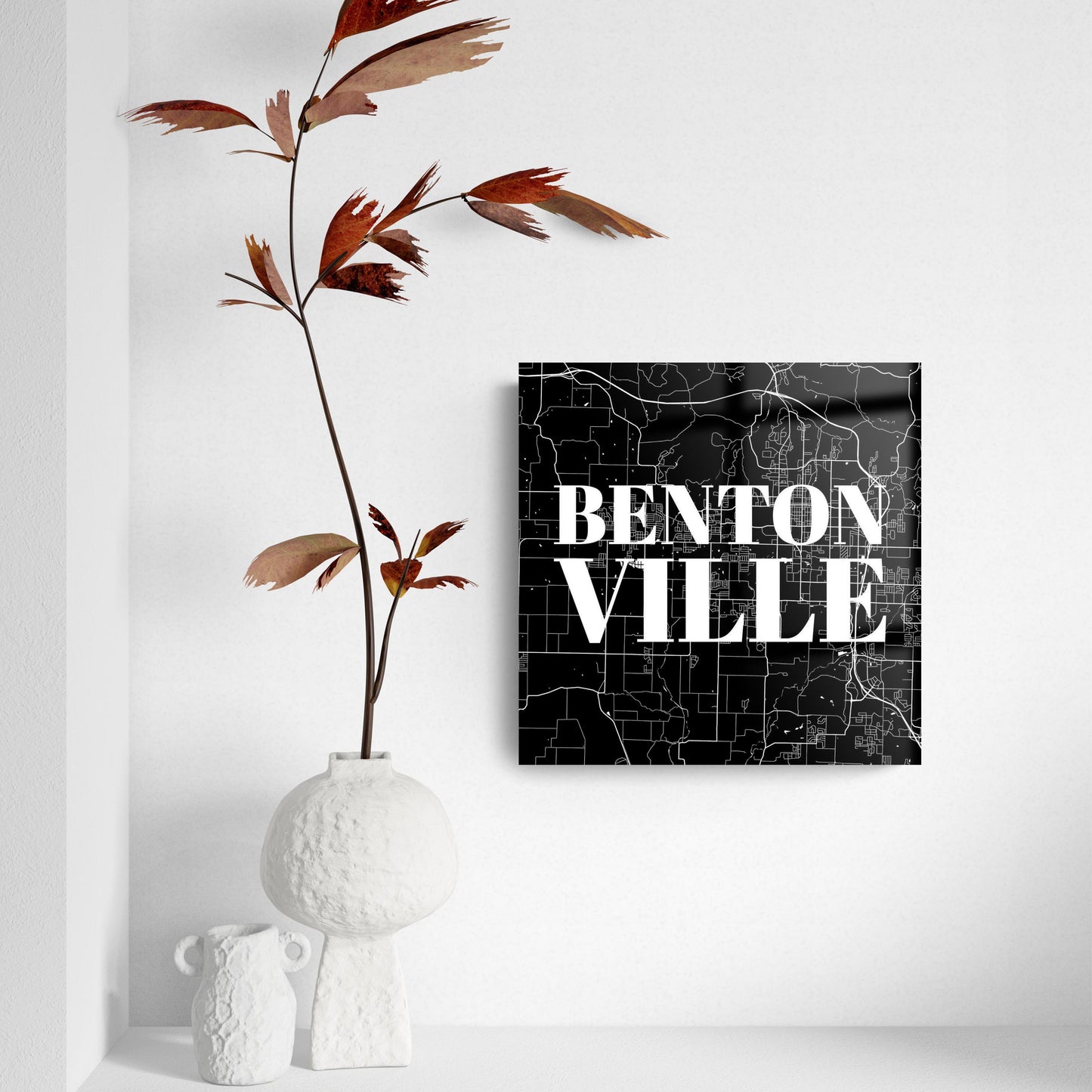 Minimalist B&W Arkansas Bentonville Map | Hi-Def Glass Art | Eaches | Min 2