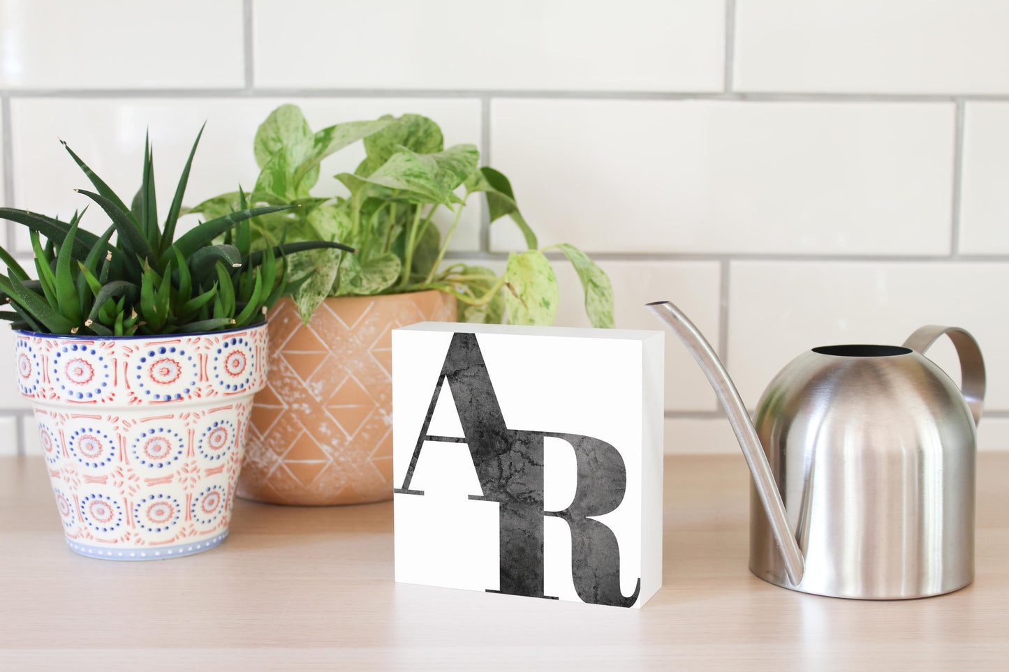 B&W Minimalist Arkansas White Initials | Wood Block | Eaches | Min 4