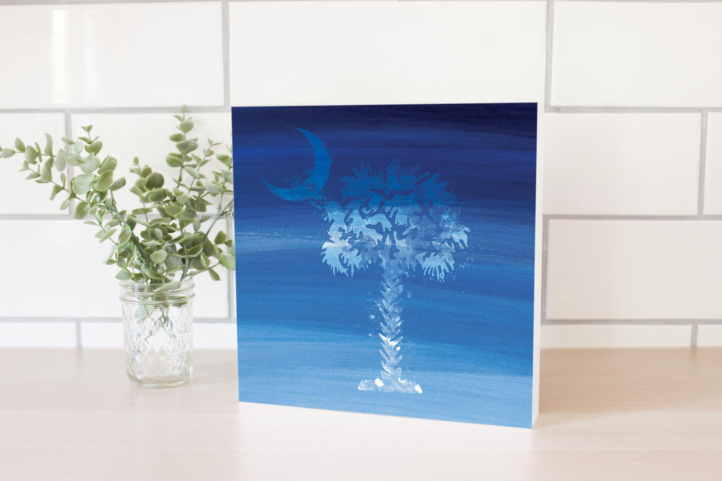 South Carolina Blue Water Color Palm Trees | Wood Block | Eaches | Min 2