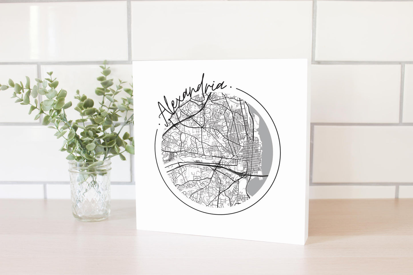 Minimalistic B&W Virginia Alexandria Circle Map | Wood Block | Eaches | Min 2