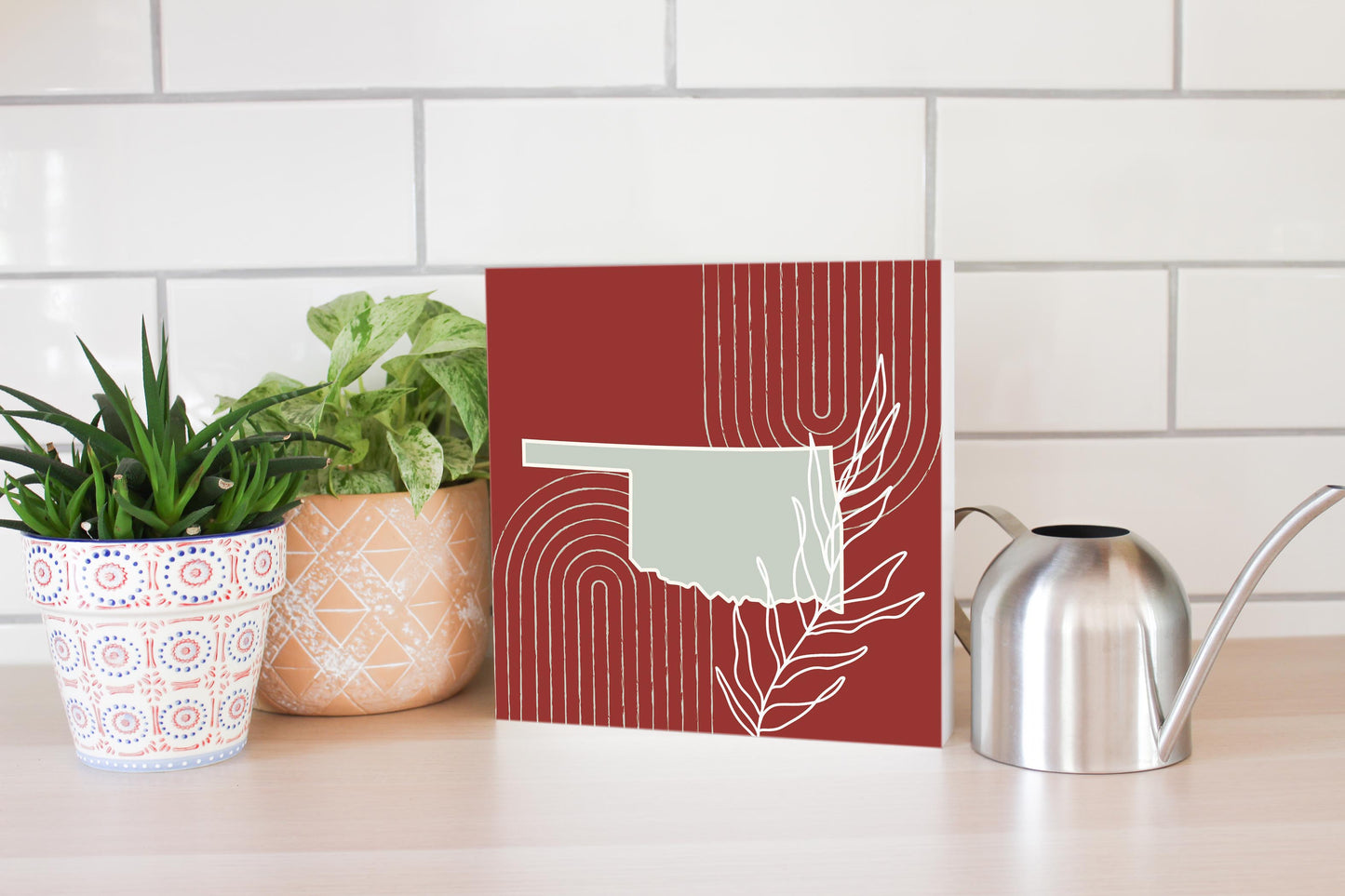 Modern Minimalist Oklahoma State Shape With Leaf | Wood Block | Eaches | Min 2