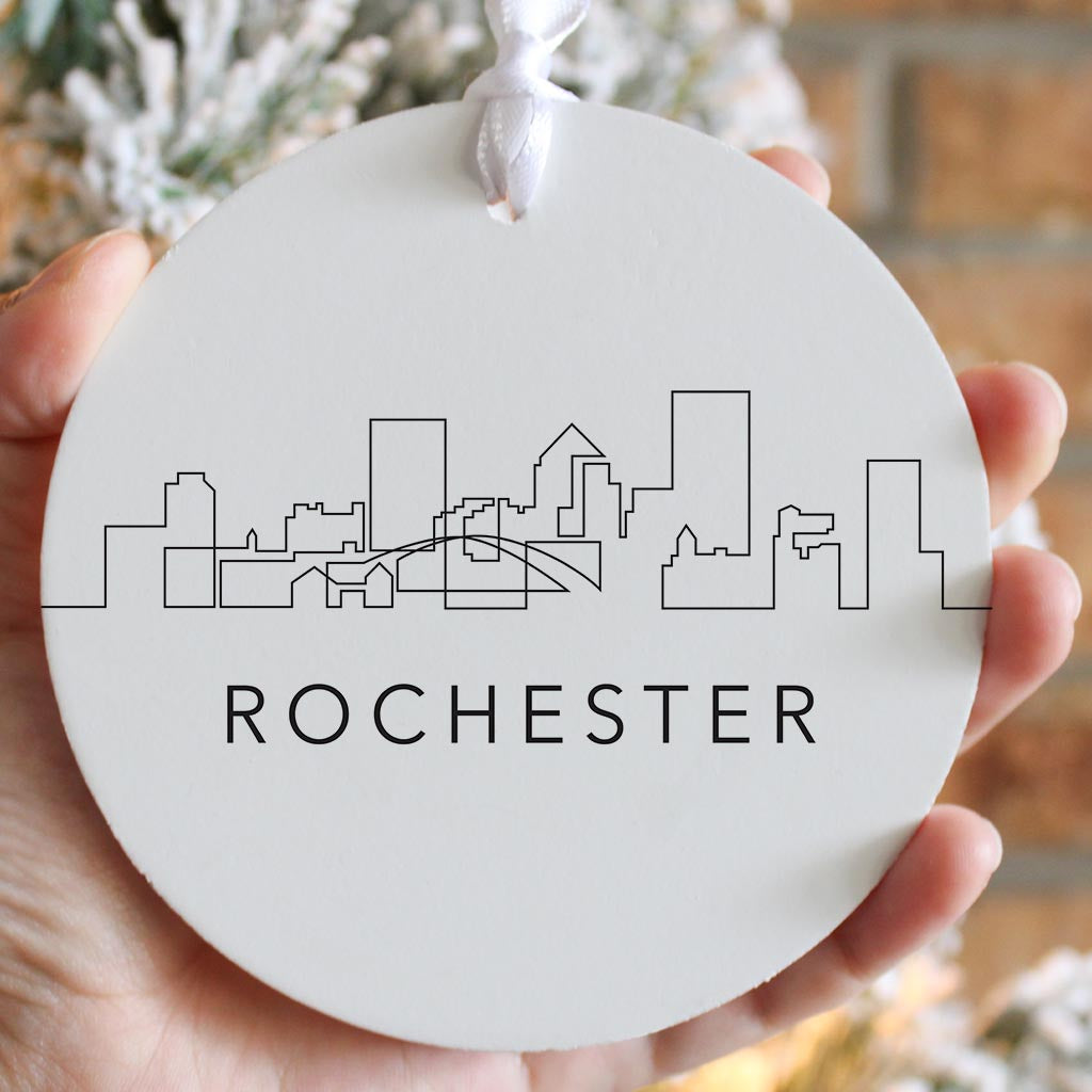 Minimalistic B&W New York Rochester Skyline | Wood Ornament | Eaches | Min 6