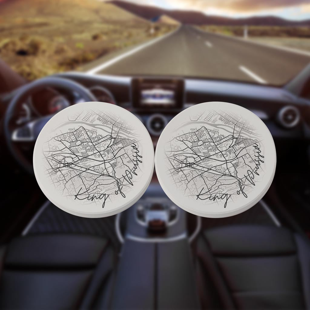 Minimalistic B&W Pennsylvania King Of Prussia Circle Map | Absorbent Car Coasters | Set of 2 | Min 4