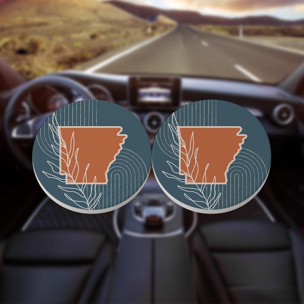 Modern Minimalist Arkansas State Shape With Leaf | Absorbent Car Coasters | Set of 2 | Min 4