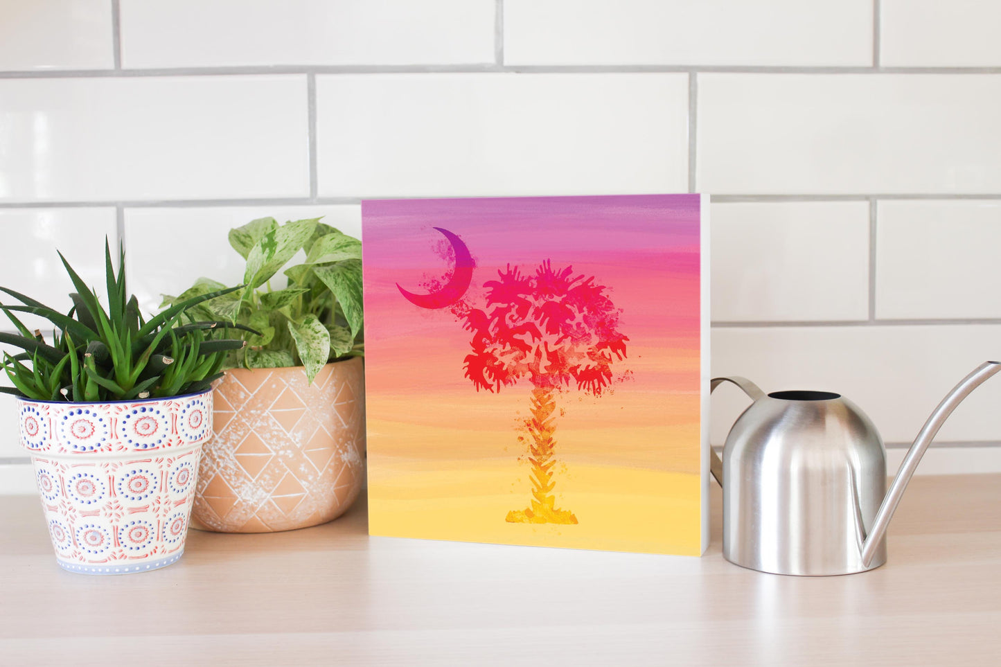 South Carolina Pink Water Color Palm Trees | Wood Block | Eaches | Min 2
