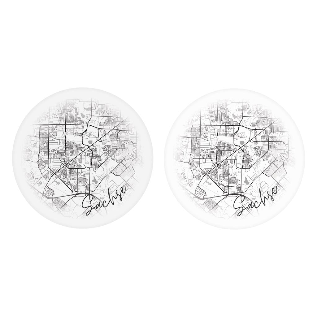 Minimalistic B&W Texas Sachse Circle Map | Absorbent Car Coasters | Set of 2 | Min 4
