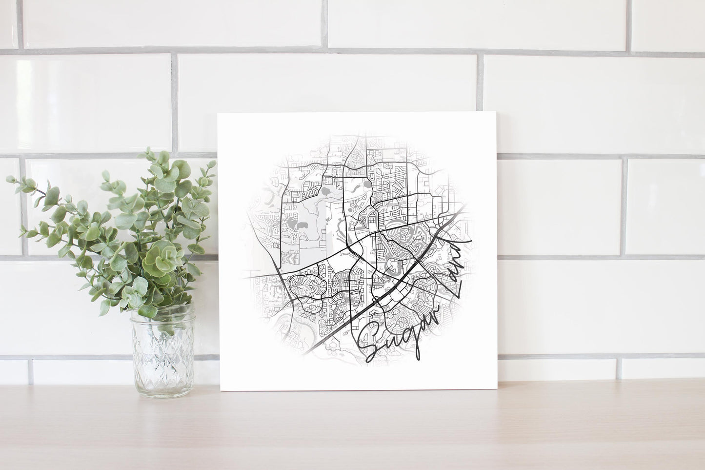 Minimalistic B&W Texas Sugarland Circle Map | Wood Sign | Eaches | Min 2