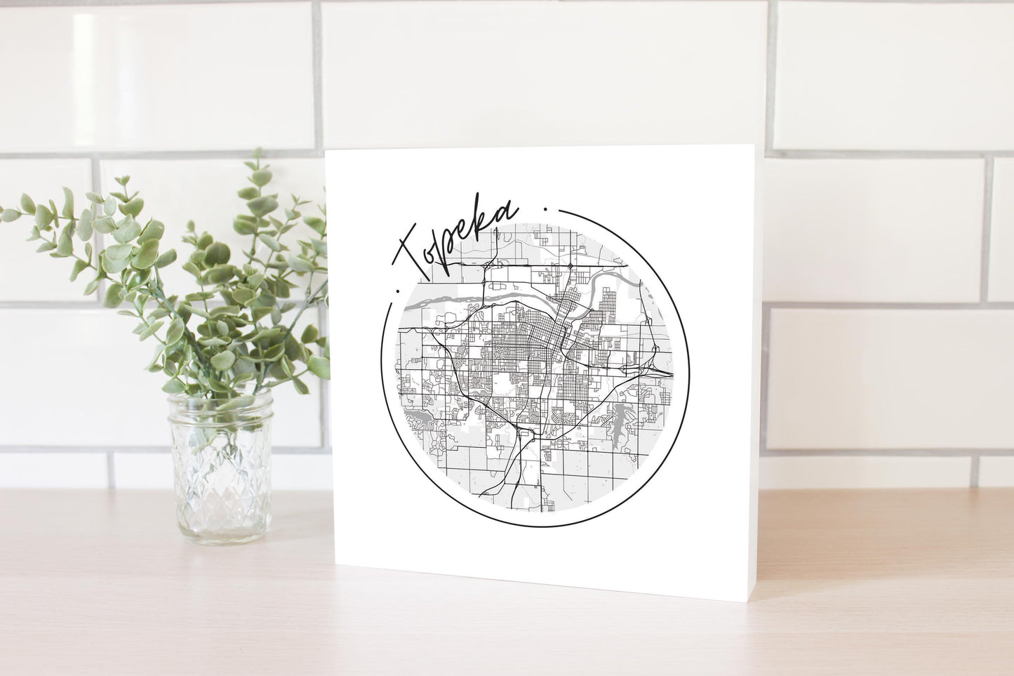 Minimalist B&W Kansas Topeka Circle Map | Wood Block | Eaches | Min 2