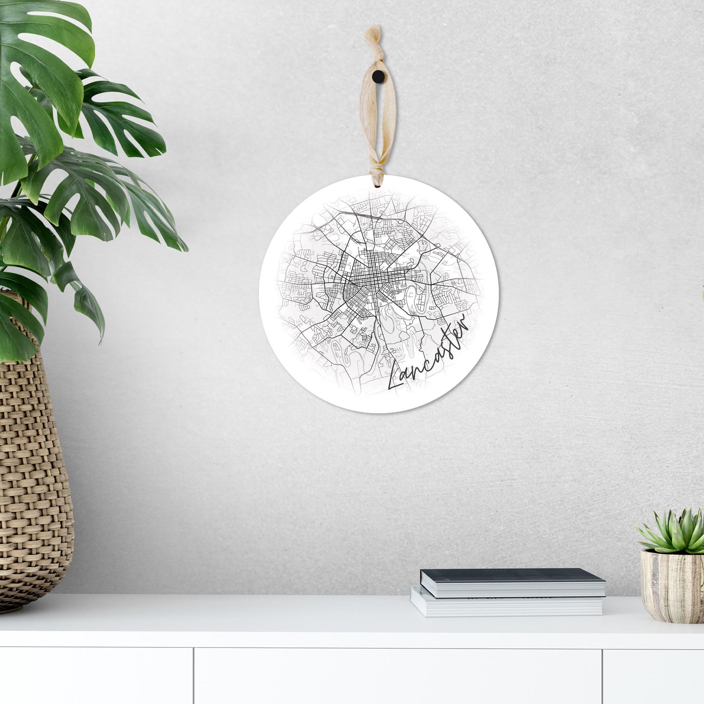 Minimalistic B&W Pennsylvania Lancaster Circle Map | Wood Ornament | Eaches | Min 1