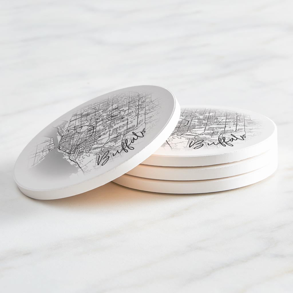 Minimalistic B&W New York Buffalo Faded Circle Map | Absorbent Coasters | Set of 4 | Min 2