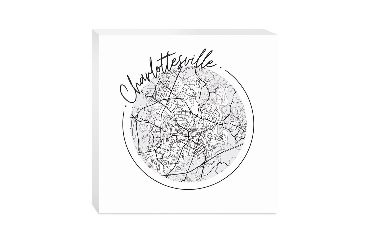 Minimalistic B&W Virginia Charlottesville Circle Map | Wood Block | Eaches | Min 2