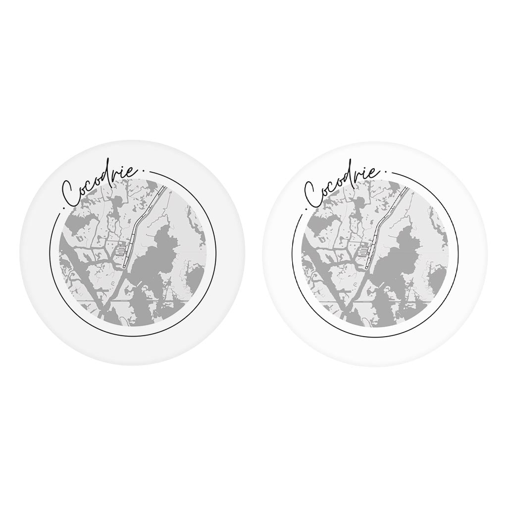 Minimalist B&W Louisiana Cocodrie Circle Map | Absorbent Car Coasters | Set of 2 | Min 4