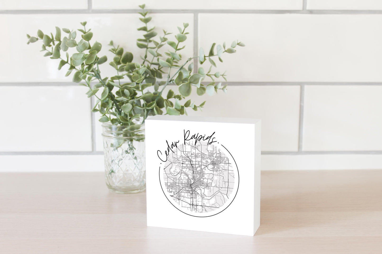 Minimalistic B&W Iowa Cedar Rapids Circle Map | Wood Block | Eaches | Min 4