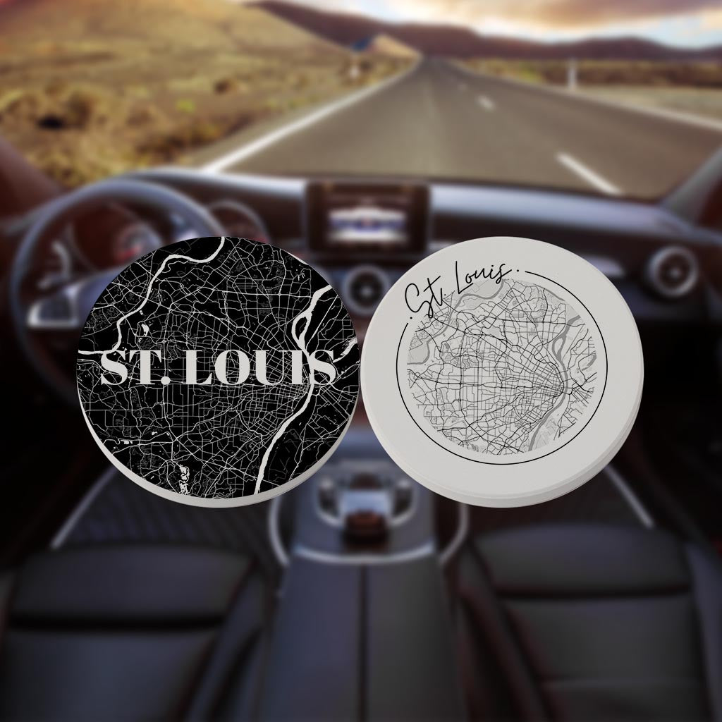 Minimalist B&W Missouri St Louis Maps | Absorbent Car Coasters | Set of 2 | Min 4