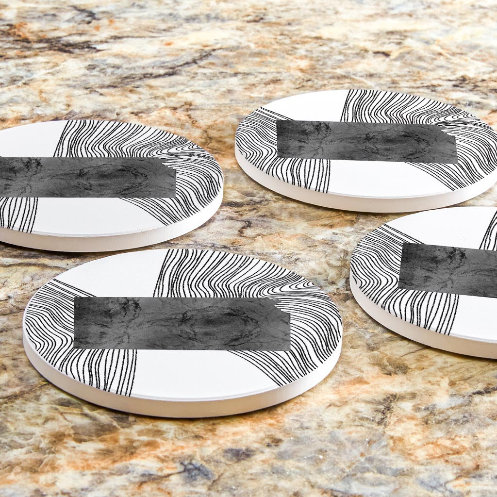 Minimalist B&W Kansas State With Fluid Lines | Absorbent Coasters | Set of 4 | Min 2