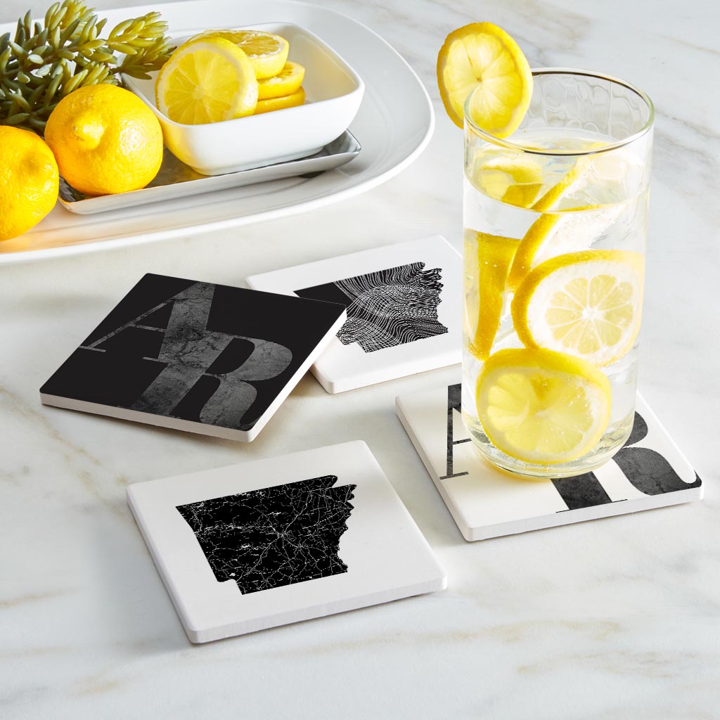 B&W Minimalist Arkansas Initials And State Shapes | Absorbent Coasters | Set of 4 | Min 2