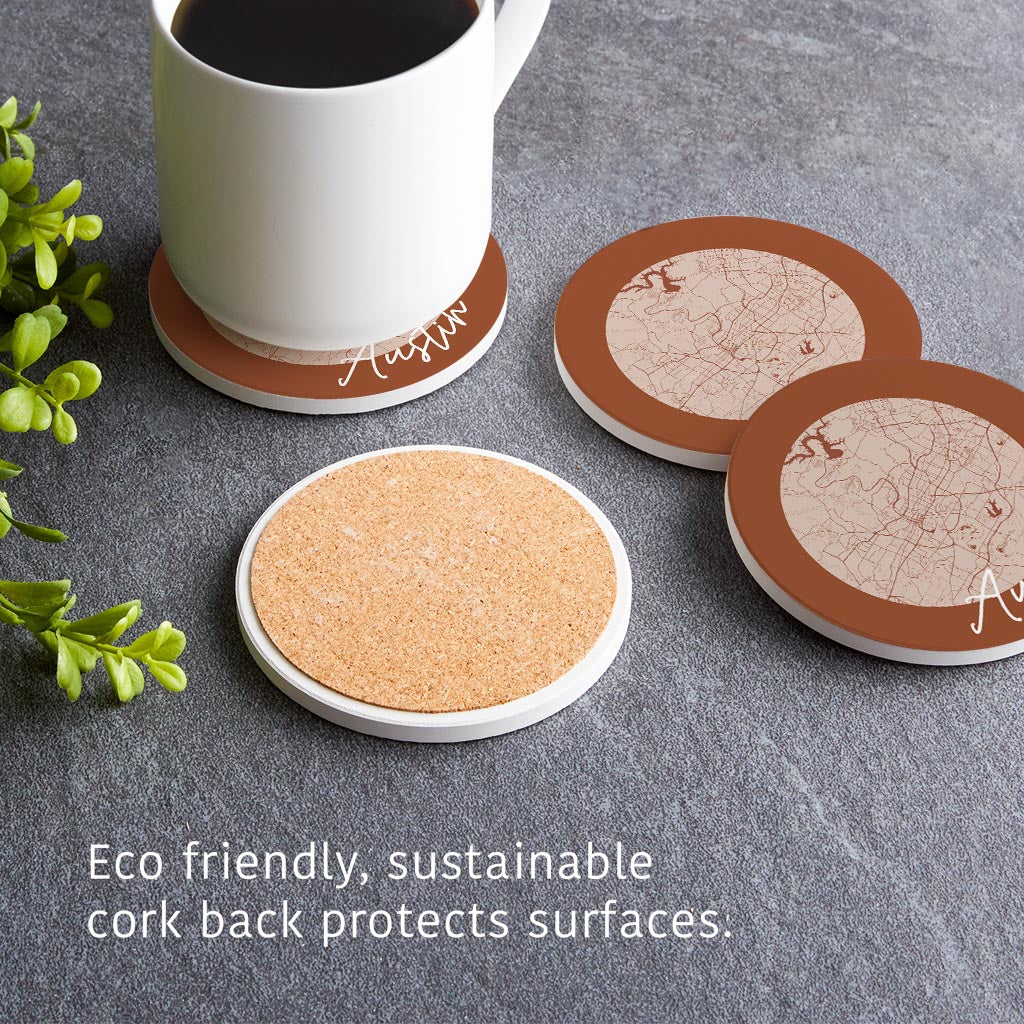 Modern Minimalist Texas Austin Circle Map | Absorbent Coasters | Set of 4 | Min 2