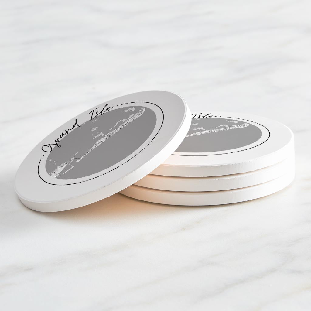 Minimalist B&W Louisiana Grand Isle Circle Map | Absorbent Coasters | Set of 4 | Min 2