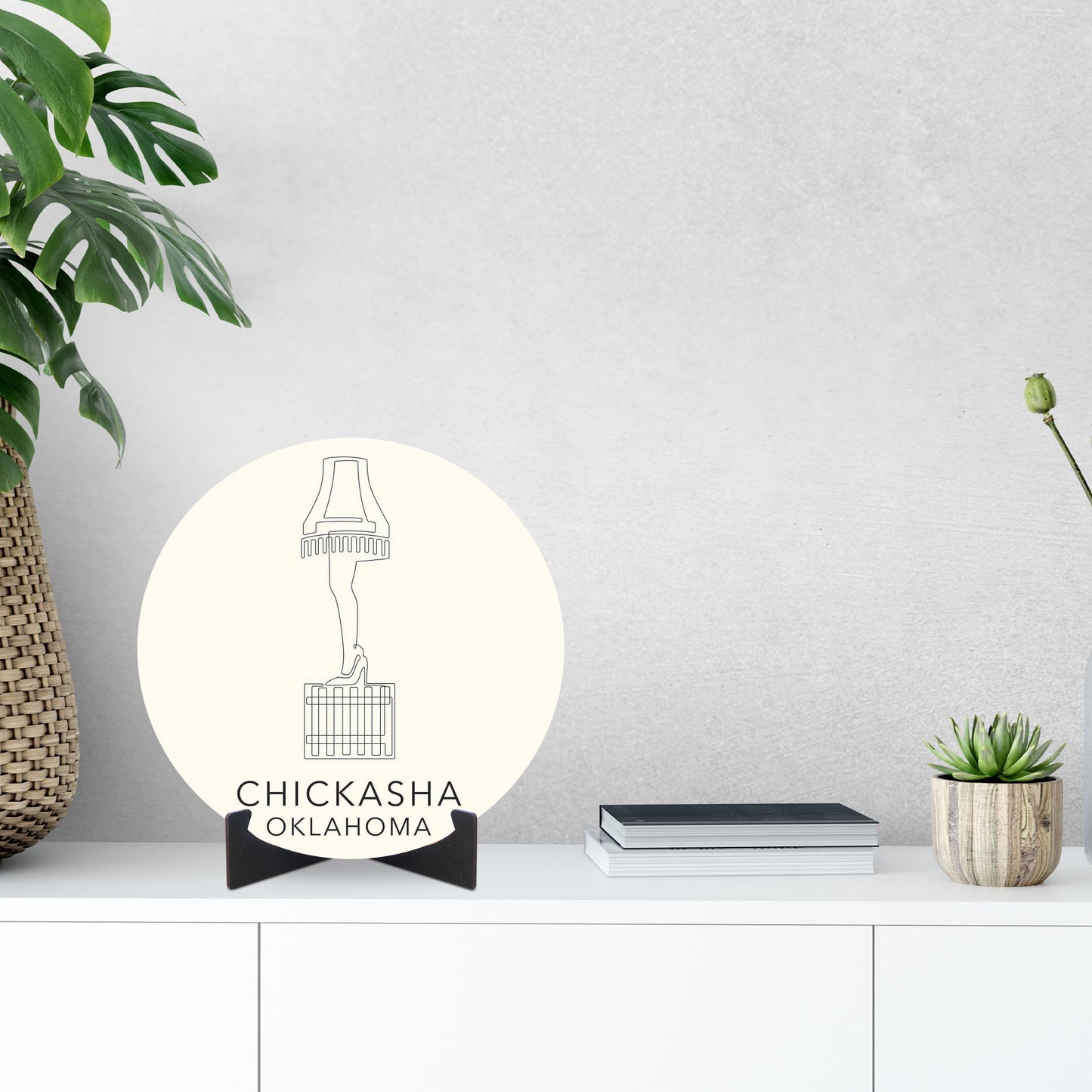 Modern Minimalist Oklahoma Chickasha Leg Lamp | Wood Sign | Eaches | Min 1