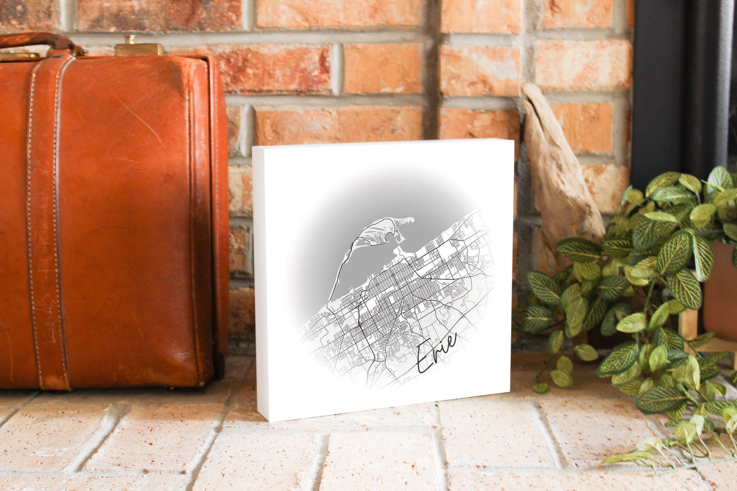 Minimalistic B&W Pennsylvania Erie Circle Map | Wood Block | Eaches | Min 2