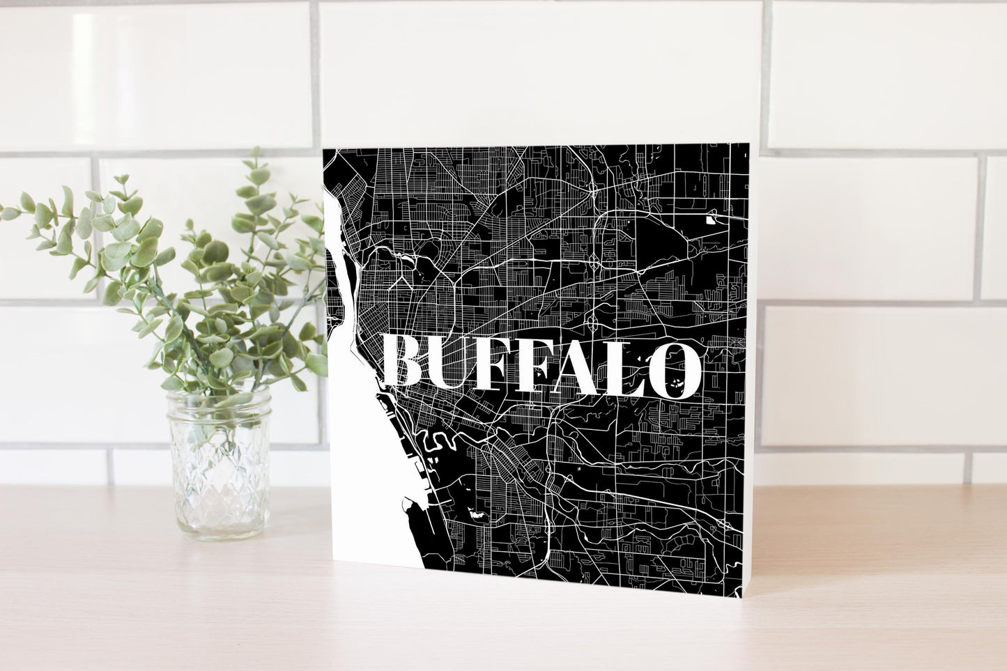 Minimalistic B&W New York Buffalo Map | Wood Block | Eaches | Min 2