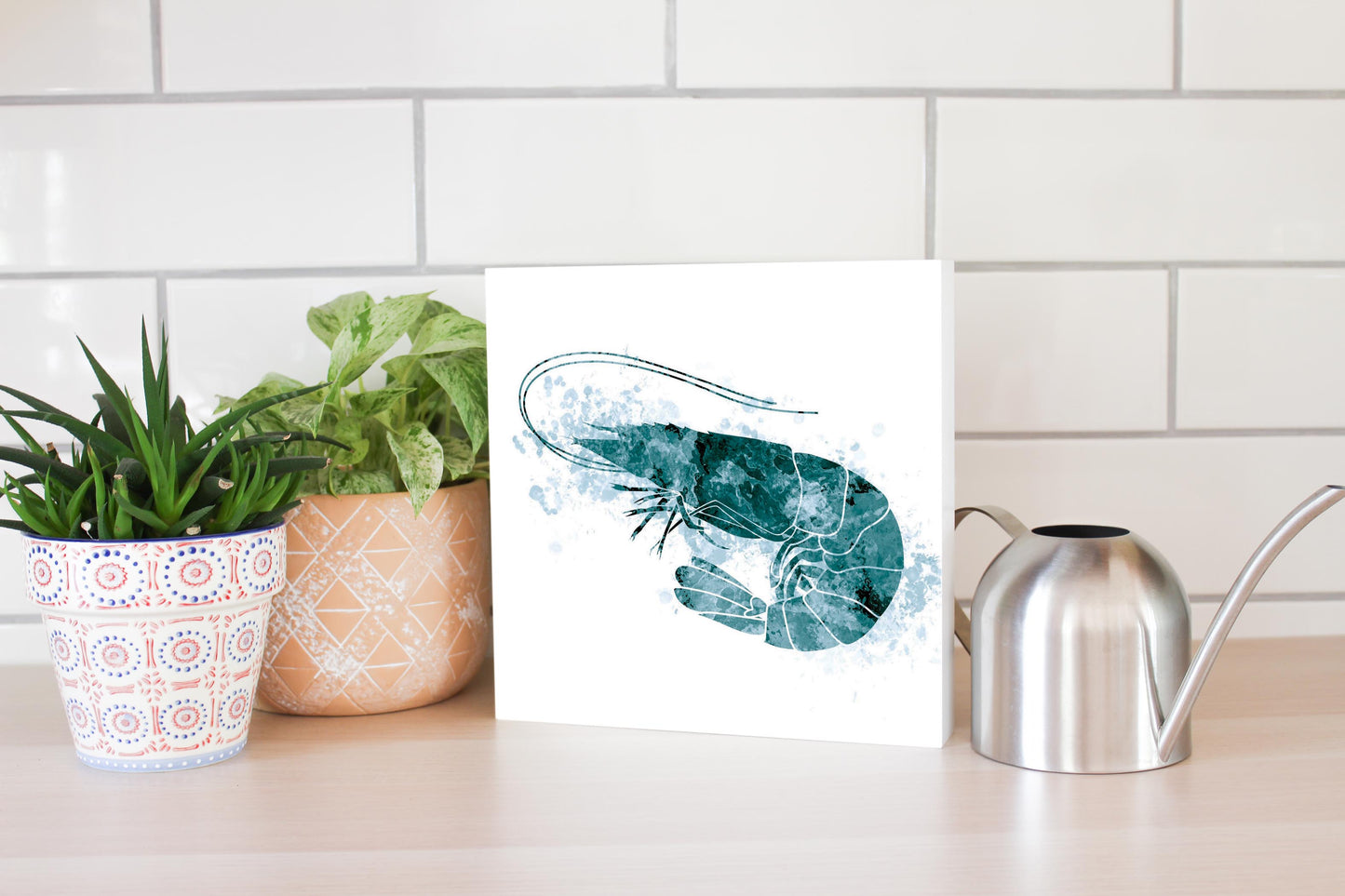 Blue White Water Color Shrimp | Wood Block | Eaches | Min 2