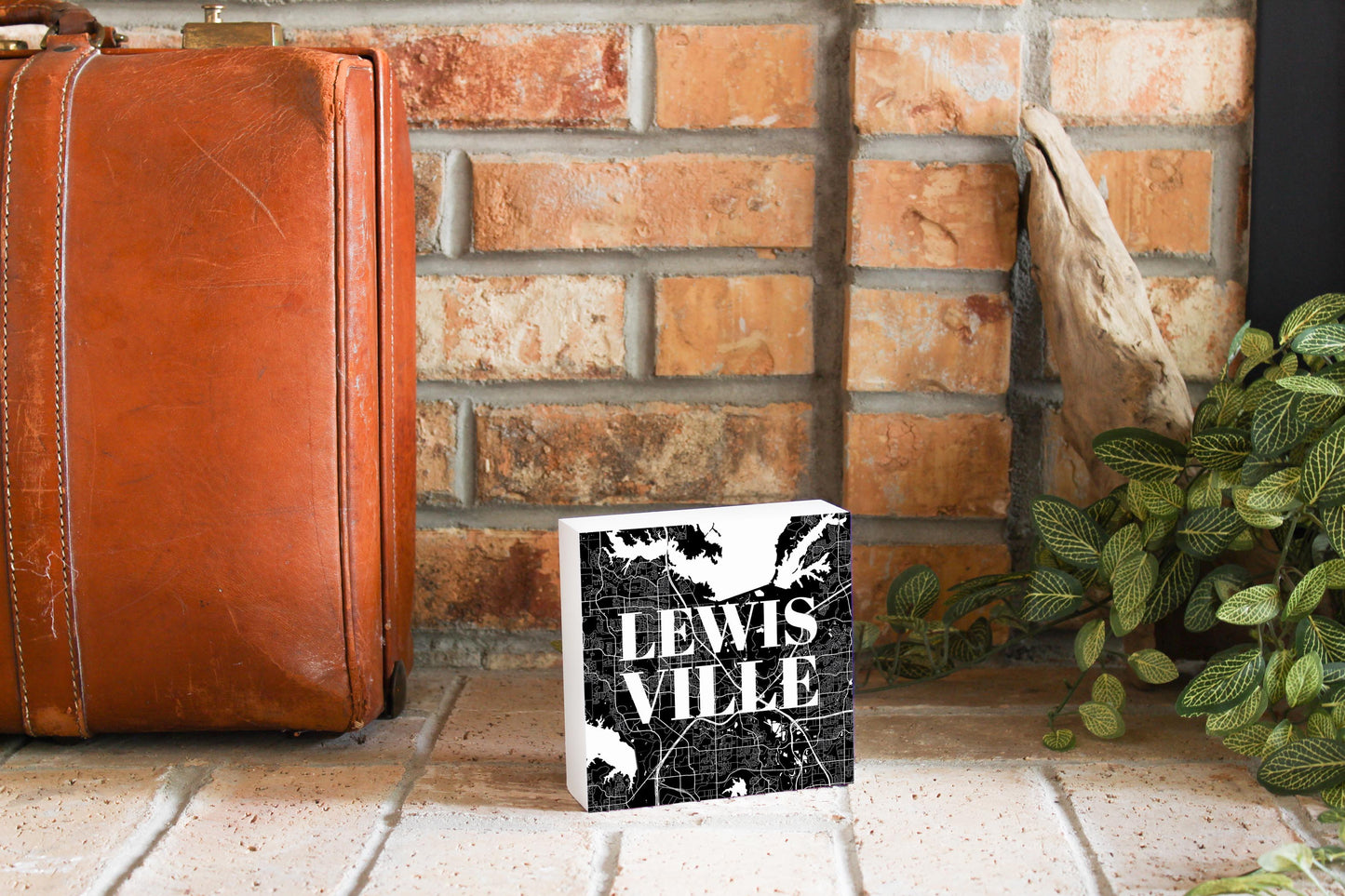 Minimalistic B&W Texas Lewisville Map | Wood Block | Eaches | Min 4