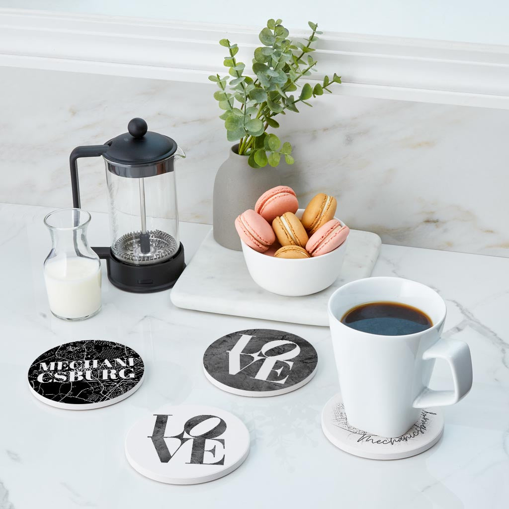 Minimalistic B&W Pennsylvania Mechanicsburg Maps Love| Absorbent Coasters | Set of 4 | Min 2