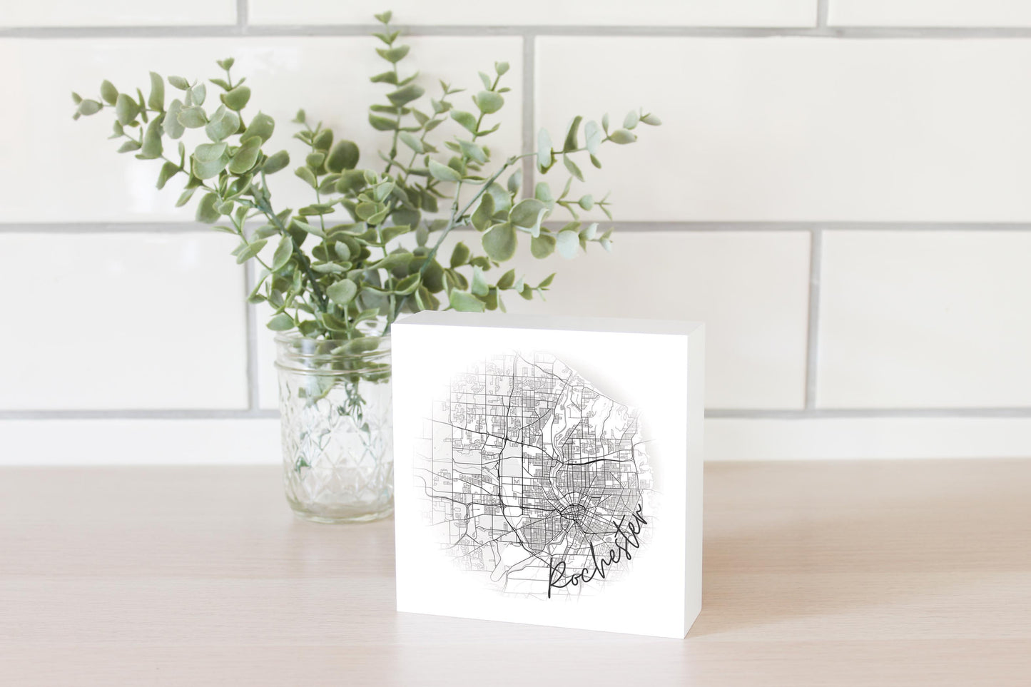 Minimalistic B&W New York Rochester Faded Circle Map | Wood Block | Eaches | Min 4