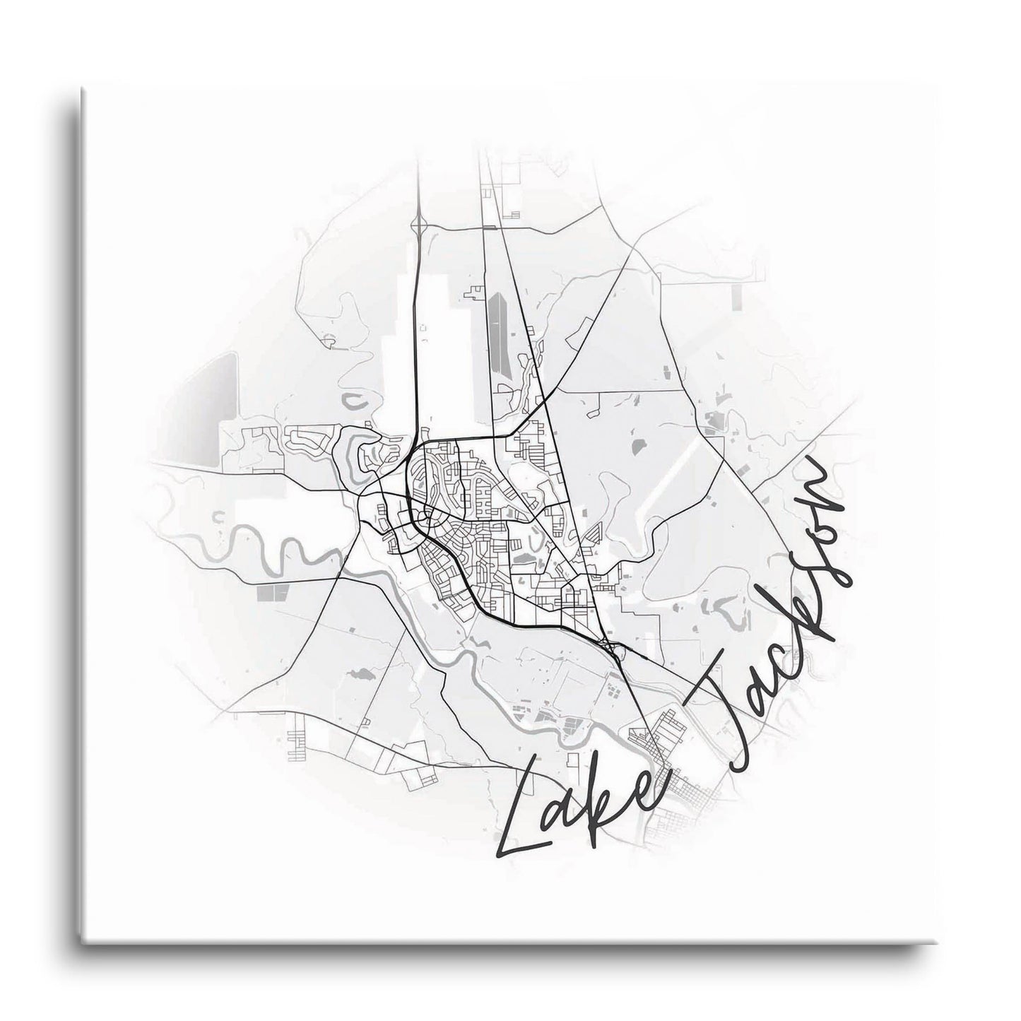 Minimalistic B&W Texas Lake Jackson Circle Map | Hi-Def Glass Art | Eaches | Min 1