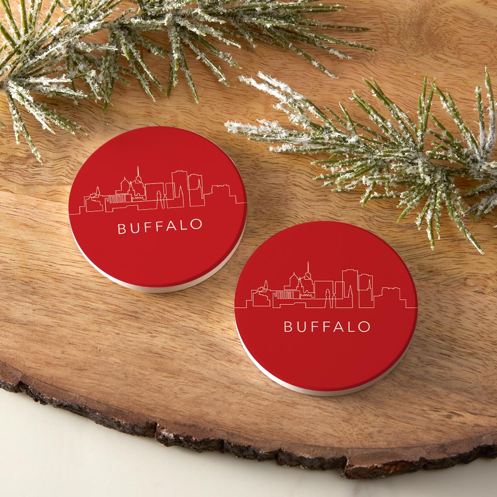Red White And Blue New York Buffalo Skyline | Absorbent Car Coasters | Set of 2 | Min 4