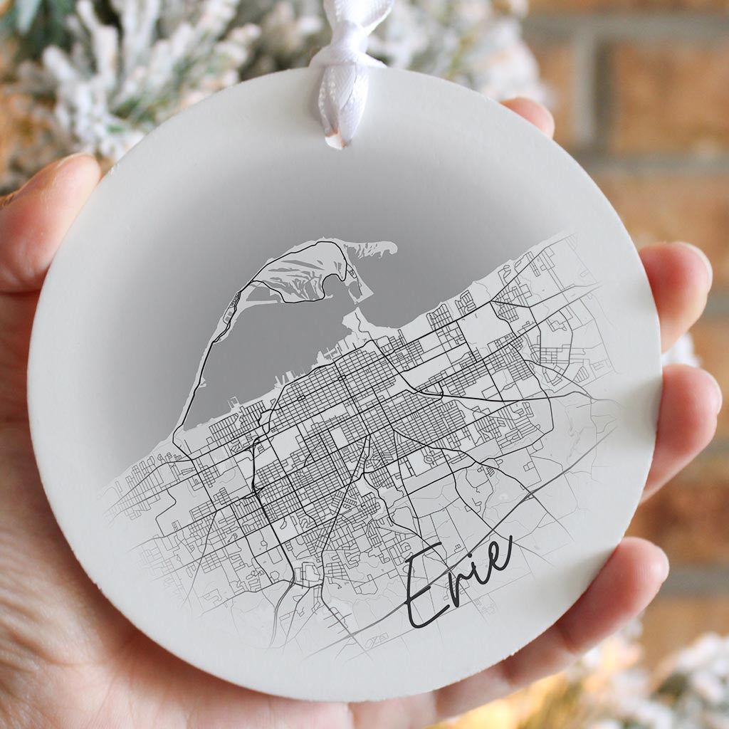 Minimalistic B&W Pennsylvania Erie Circle Map| Wood Ornament | Eaches | Min 6