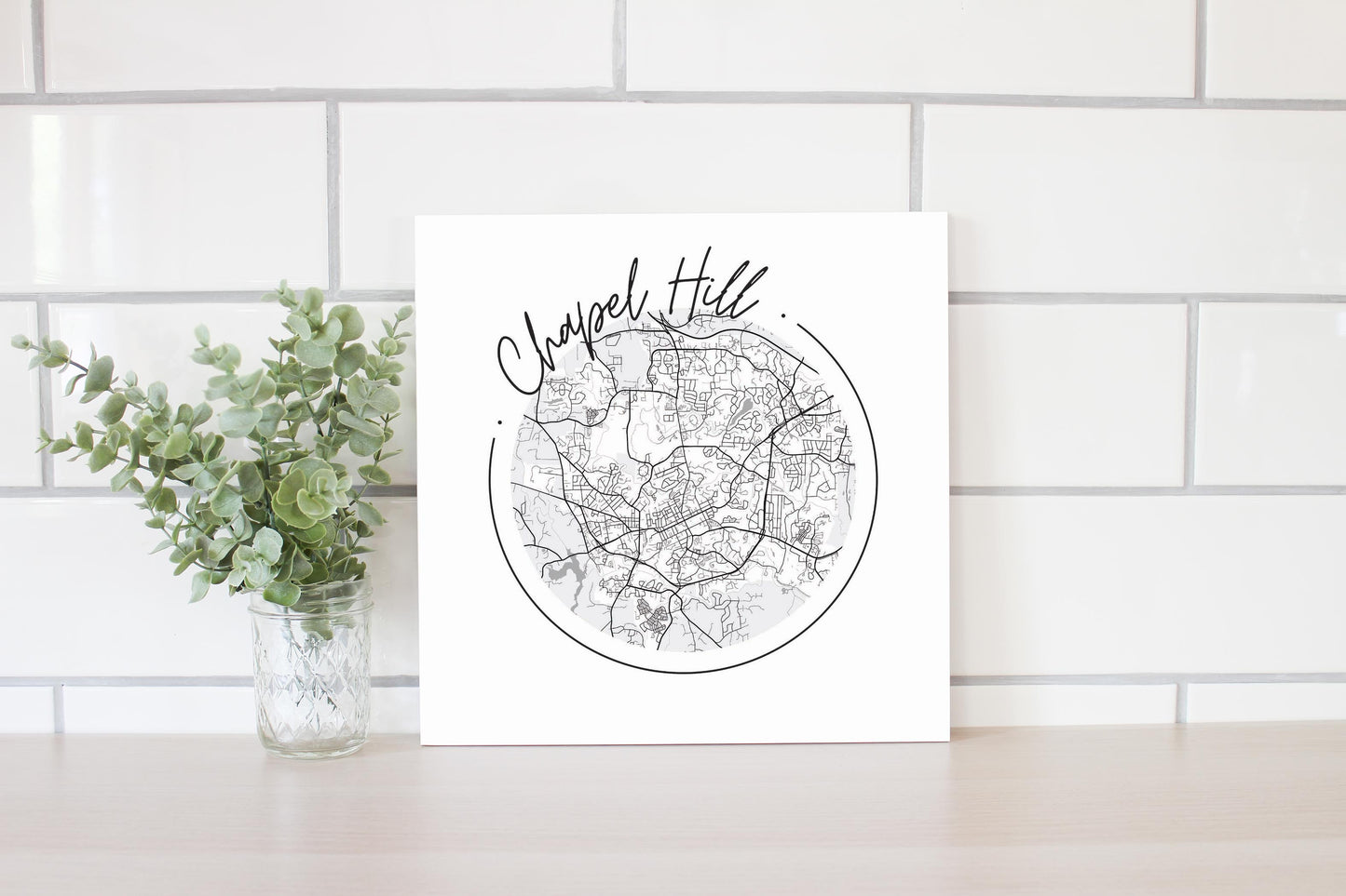 Minimalistic B&W North Carolina Chapel Hill Circle Map | Wood Sign | Eaches | Min 2