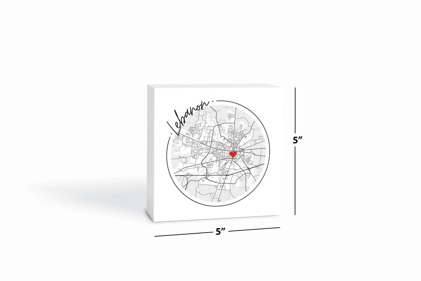 Minimalist B&W Tennessee Lebanon Circle Map Heart | Wood Block | Eaches | Min 4