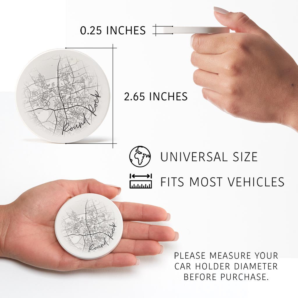 Minimalistic B&W Texas Round Rock Circle Map | Absorbent Car Coasters | Set of 2 | Min 4