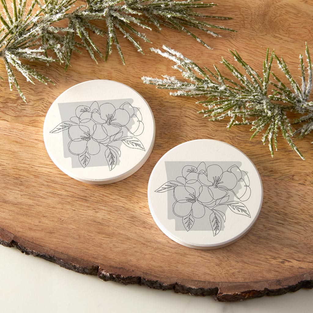 B&W Minimalist Arkansas Single Line Apple Blossoms | Absorbent Car Coasters | Set of 2 | Min 4