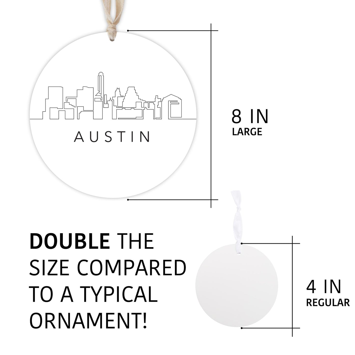 Minimalist B&W Texas Austin Skyline | Wood Ornament | Eaches | Min 1
