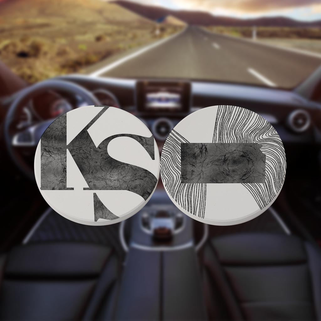 Minimalist B&W Kansas White Initials And State| Absorbent Car Coasters | Set of 2 | Min 4