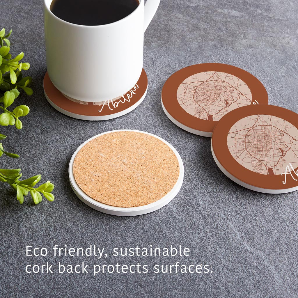 Modern Minimalist Texas Abilene Circle Map | Absorbent Coasters | Set of 4 | Min 2