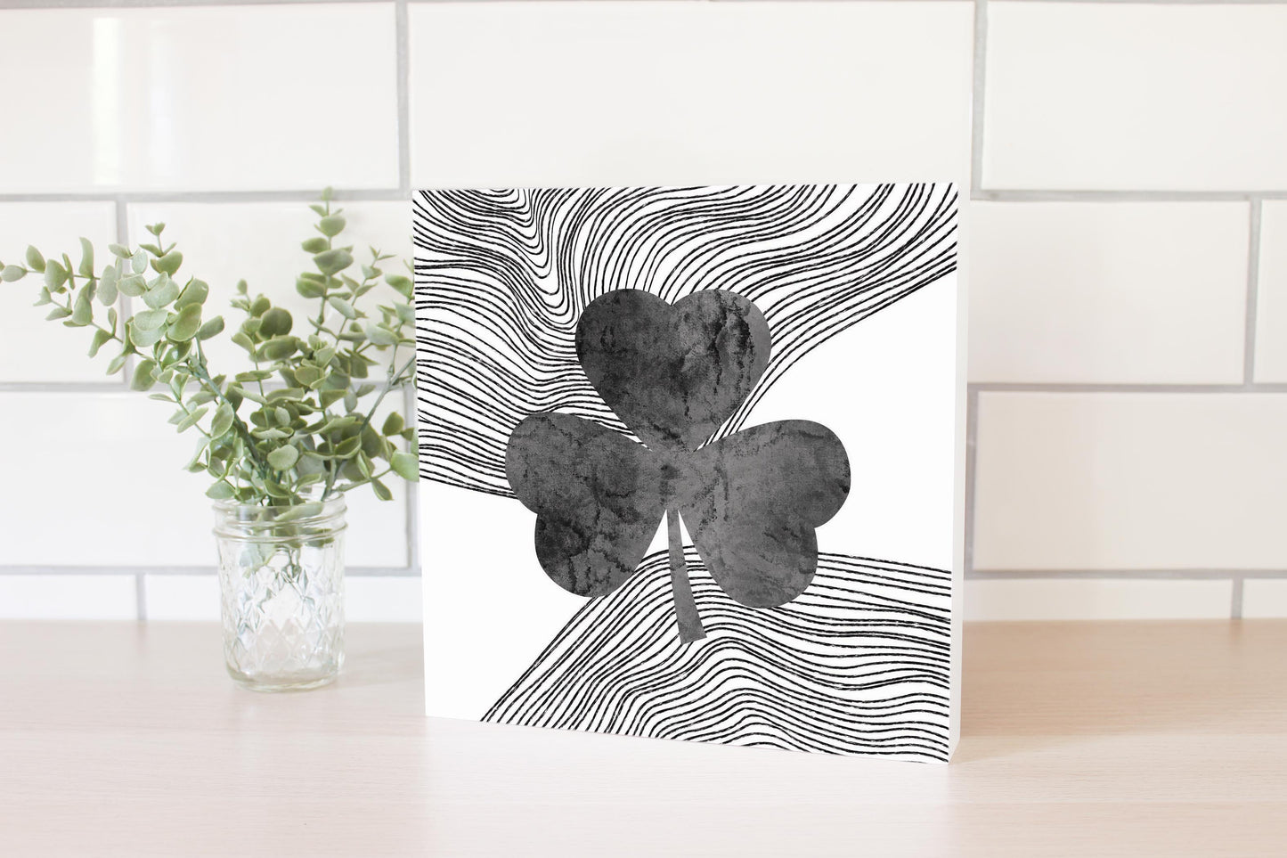 Minimalistic B&W Shamrock Fluid Lines | Wood Block | Eaches | Min 2