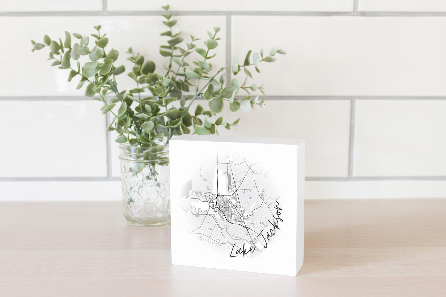 Minimalistic B&W Texas Lake Jackson Circle Map| Wood Block | Eaches | Min 4
