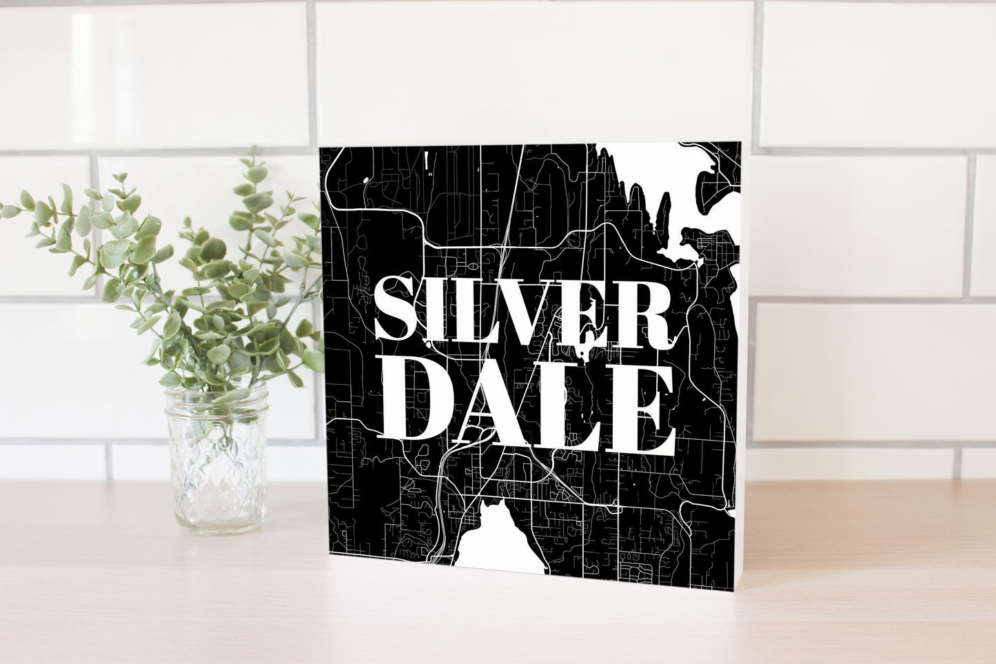 Minimalistic B&W Washington Silverdale Map | Wood Block | Eaches | Min 2