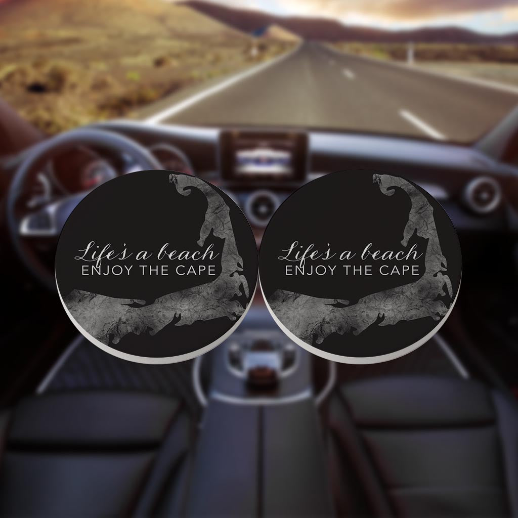 Minimalistic B&W Cape Cod Lifes A Beach | Absorbent Car Coasters | Set of 2 | Min 4