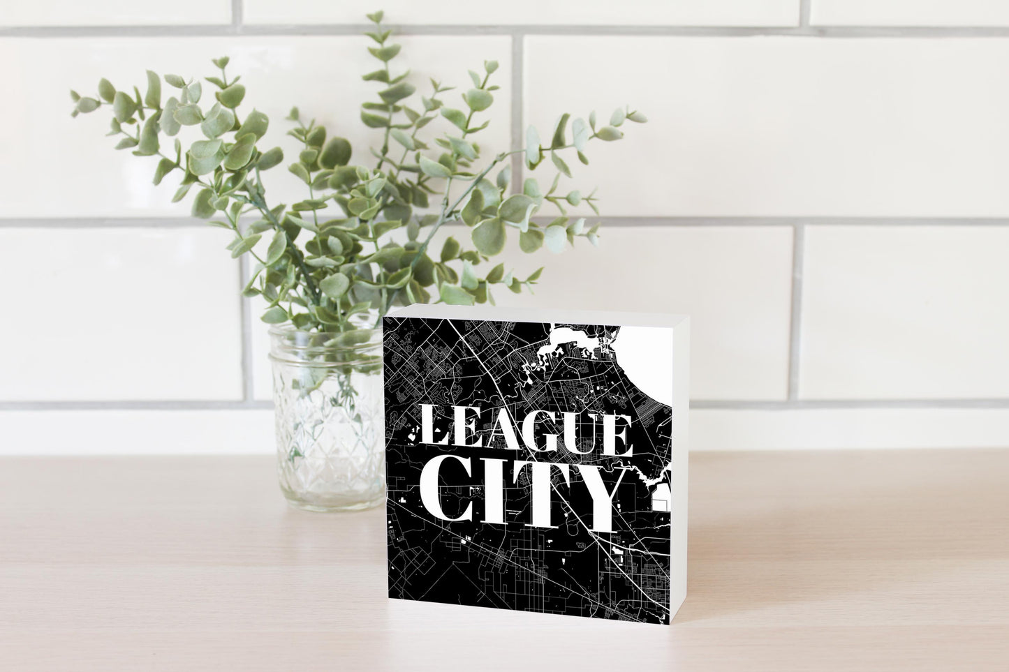 Minimalistic B&W Texas League City Map| Wood Block | Eaches | Min 4