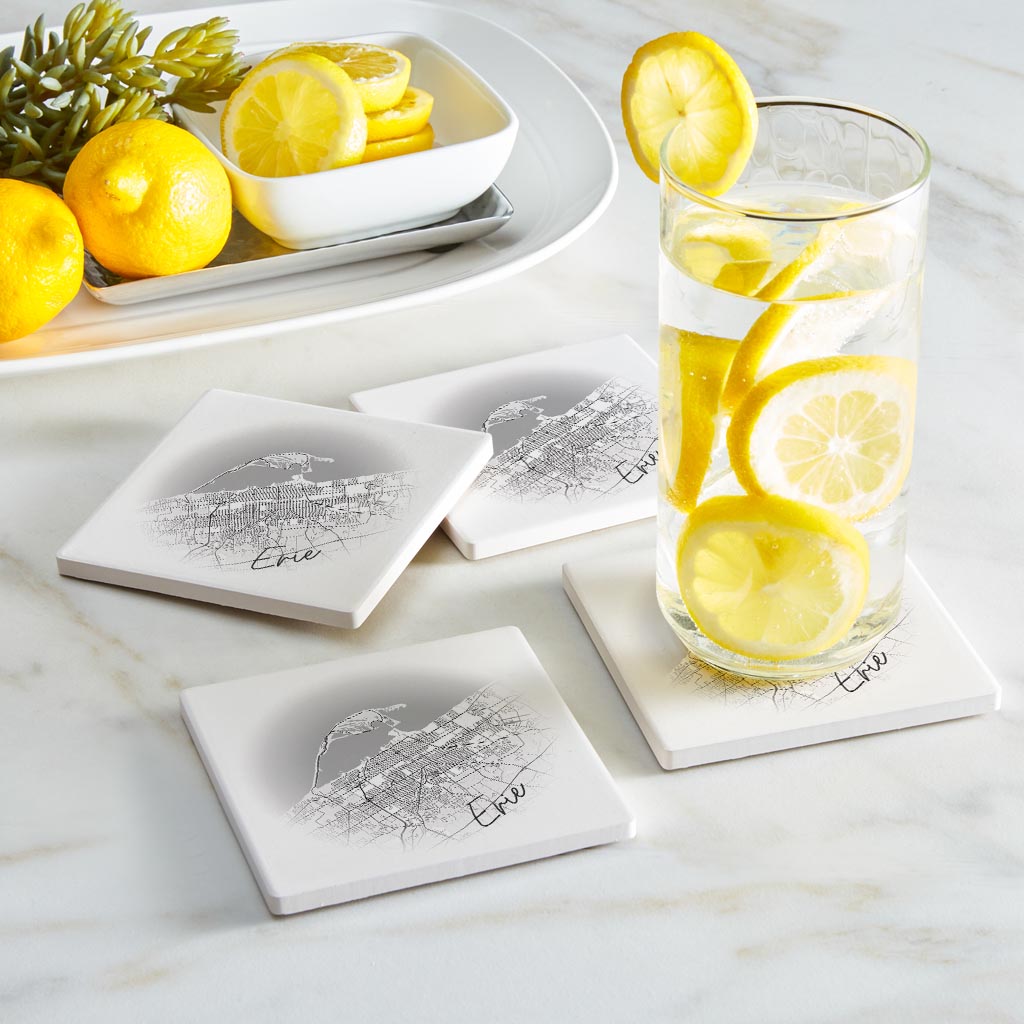 Minimalistic B&W Pennsylvania Erie Circle Map | Absorbent Coasters | Set of 4 | Min 2