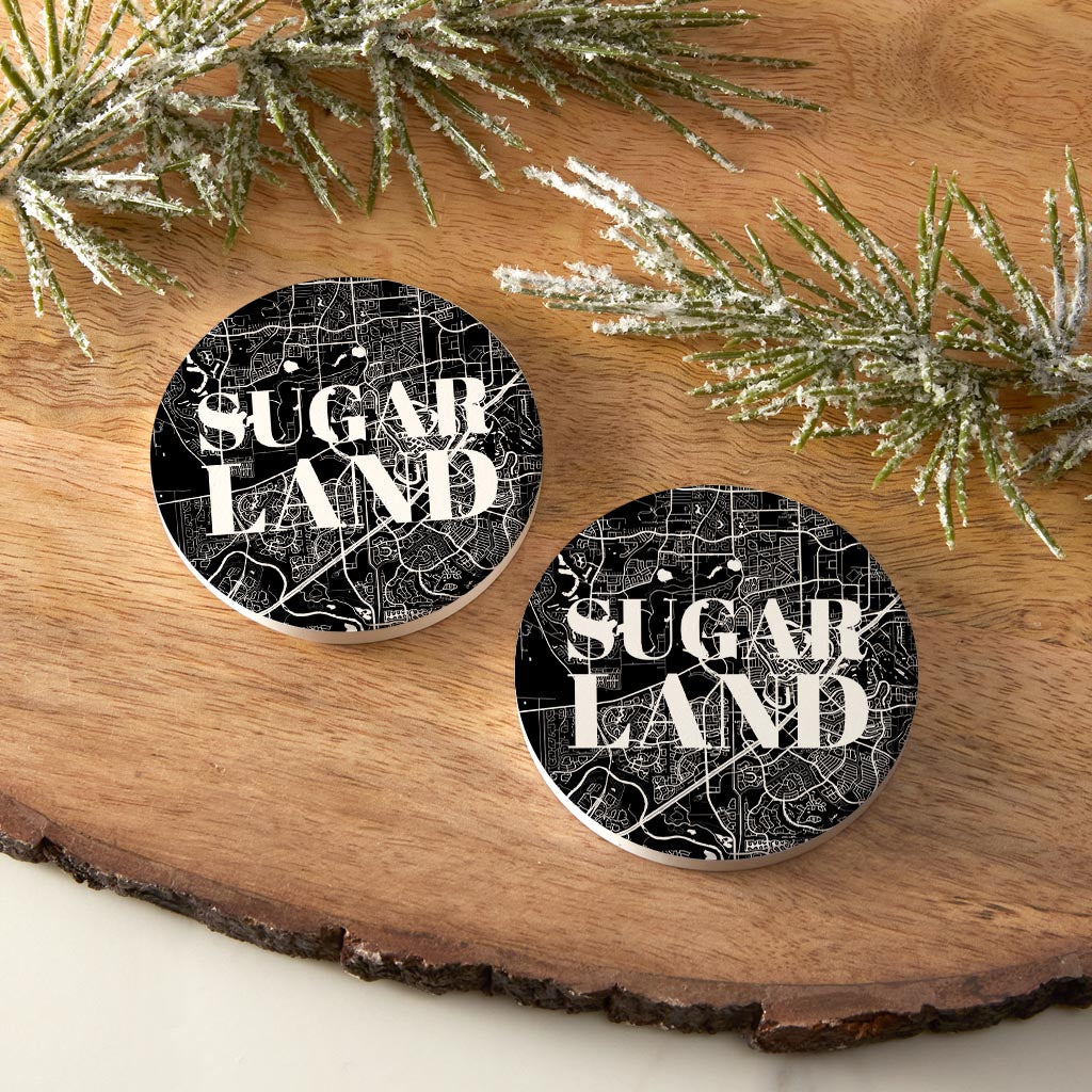 Minimalistic B&W Texas Sugarland Map | Absorbent Car Coasters | Set of 2 | Min 4